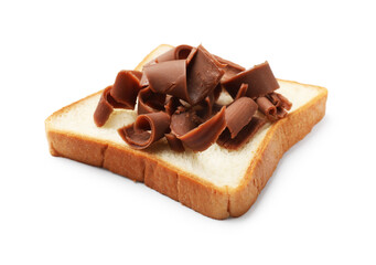 Bread slice with chocolate butter shavings isolated on white