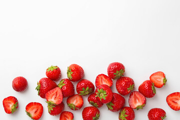 Fresh ripe strawberries on white background, flat lay. Space for text