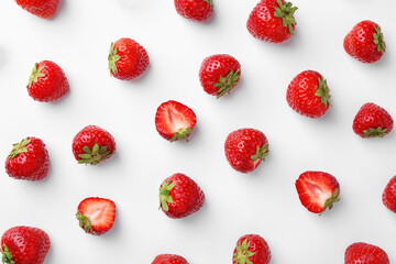 Fresh ripe strawberries on white background, flat lay