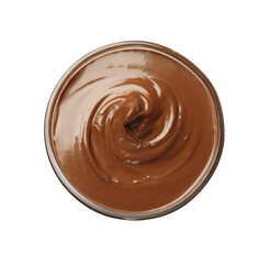 Tasty chocolate butter in glass bowl isolated on white, top view