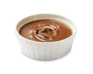 Tasty chocolate butter in bowl isolated on white