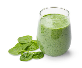 Tasty smoothie and spinach leaves isolated on white