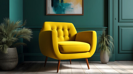 Modern yellow armchair in stylish living room interior with green walls, pot of plant, painting