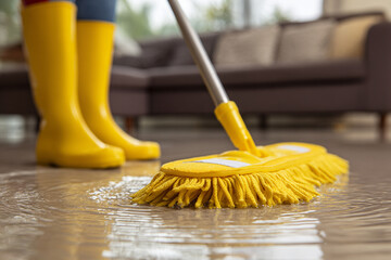 Yellow boots and mop cleaning flooded floor water