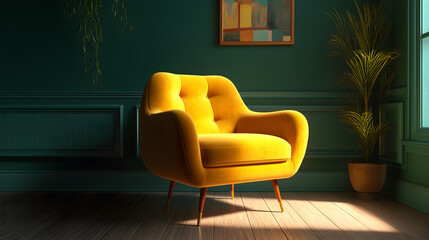 Modern yellow armchair in stylish living room interior with green walls, pot of plant, painting