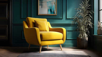 Modern yellow armchair in stylish living room interior with green walls, pot of plant, painting