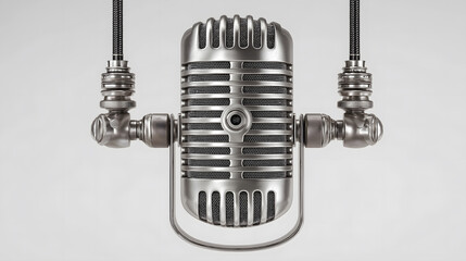 Vintage microphone hanging from above isolated on white background