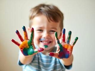 Child painting hands colorful paint happy kid art activity creative fun