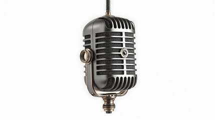 Vintage microphone hanging from above isolated on white background