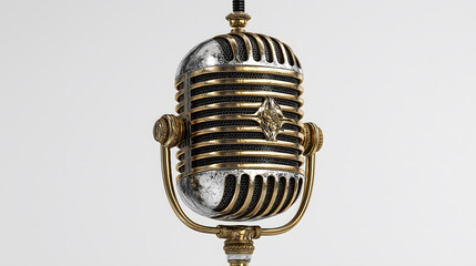 Vintage microphone hanging from above isolated on white background