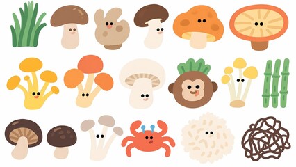 Cute Cartoon Mushrooms and Forest Creatures Collection