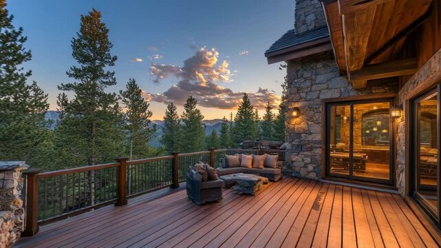 Mountain home with wide balcony, wood flooring, soft lighting, stone walls and view of pine trees under a bright sky