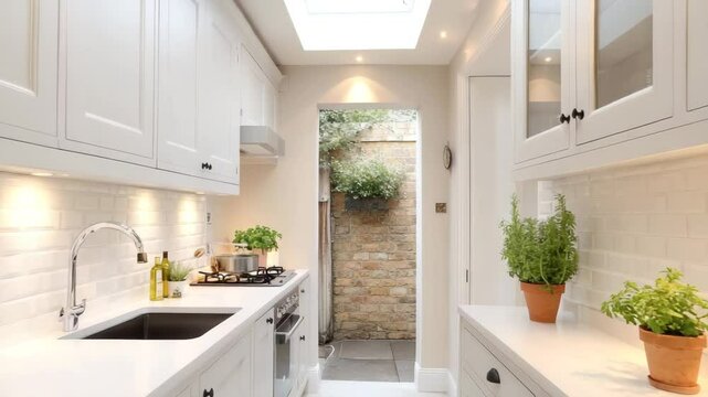 Narrow galley kitchen with white shaker cabinets, under-cabinet lighting, small potted herbs, and wide skylight