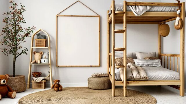 Explore an inviting bedroom setup with a wooden bunk bed, natural decor, and cozy textures creating a calm and enjoyable space