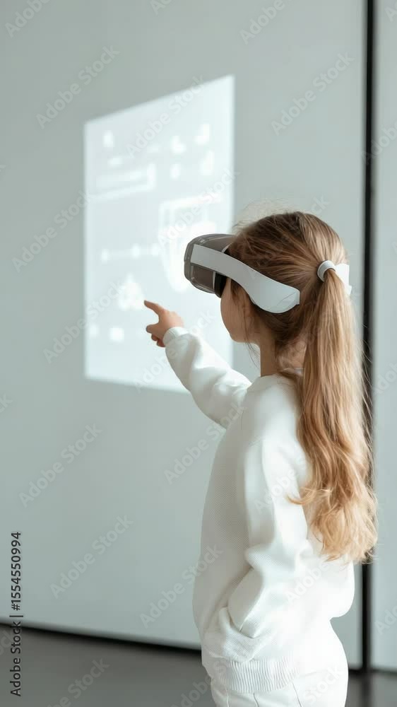 Poster Young student exploring virtual reality technology, engaging with interactive projection during classroom lesson, demonstrating innovative educational approach