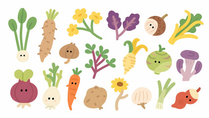 Illustration of Various Vegetables with Expressive Faces