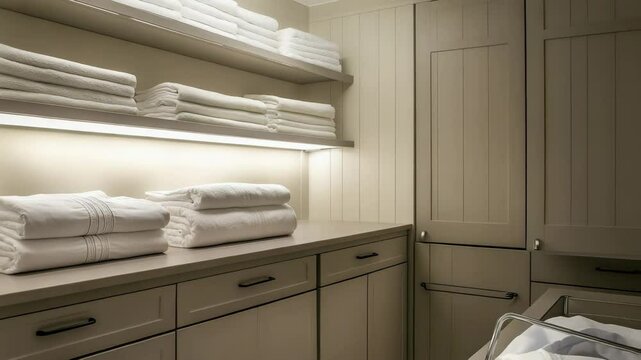 Neatly designed utility room with ample storage cabinets, ironed linens on shelf, and bright lighting