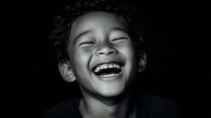 A joyful child with a big, genuine smile, captured in a stunning black and white portrait.