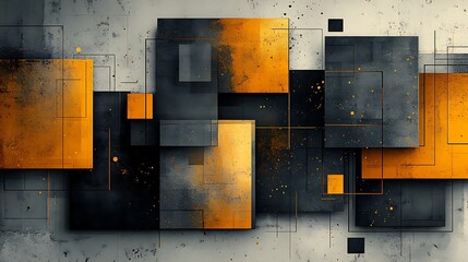 Abstract geometric art featuring black squares and yellow highlights on textured background