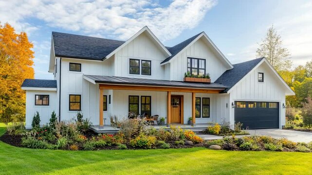 Newly painted modern farmhouse featuring clean architectural lines and natural wood accents