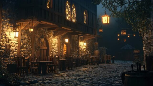 Nighttime view of a simple medieval tavern with soft glowing lights, ideal for looping animated scenes in fantasy settings