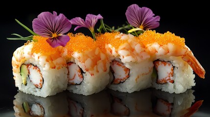 Sushi set with shrimp in tempura oshinko garnished with edible flower