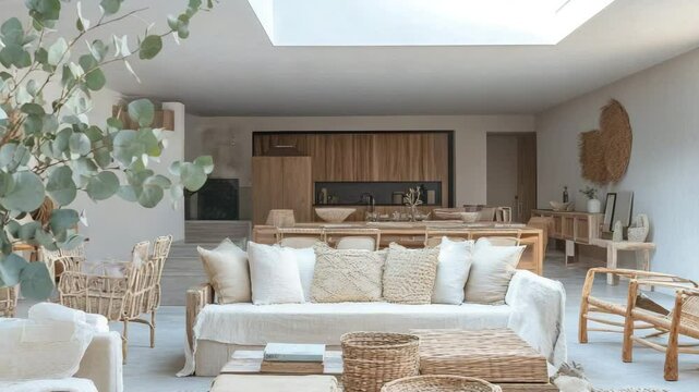 Open-plan interior with skylight beams across neutral furniture, eucalyptus branches in vase, and handcrafted wood decor