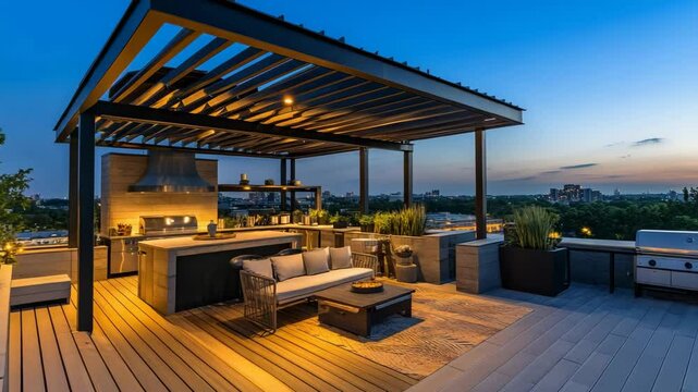 Open rooftop with pergola, outdoor kitchen, wooden floor panels, and elegant seating area, overlooking a serene evening cityscape
