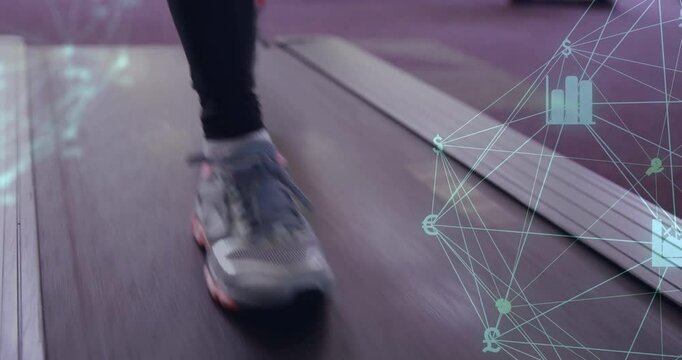 Left foot striking treadmill initiating network, runner maintaining pace visualizing metrics