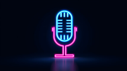Neon microphone icon on dark background - podcast concept