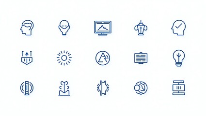 Blue line art icons set vector design for business and technology use