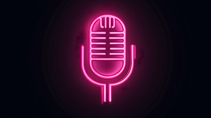 Neon microphone icon on dark background - podcast concept