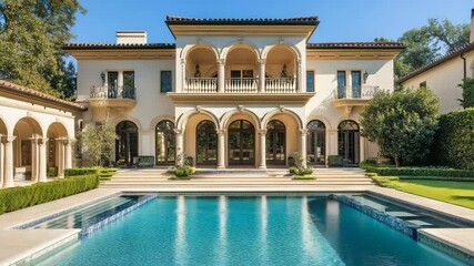 Opulent mansion facade featuring classic design and crystal-clear pool, ideal for luxury estate imagery