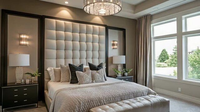 Opulent master suite with headboard feature wall layered lighting corner windows and clean color tones