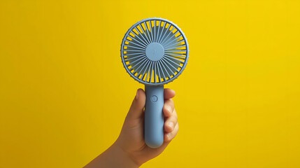 Hand holding portable fan on yellow background