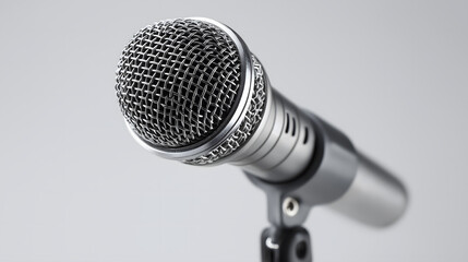 Silver microphone on metal stand on white background 