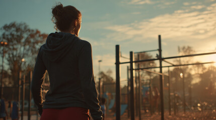 A woman prepares to workout in the park at sunrise, enjoying the morning light.