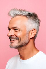 Obraz premium Pink solid background. Conceptual art artwork of style for aging men. Elegant men's layered cut haircut - midlife arabian man with short hair. A midlife man posing for a portrait.