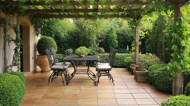 Peaceful garden patio with tiled flooring, vine-covered pergola, and wrought iron table surrounded by green shrubs