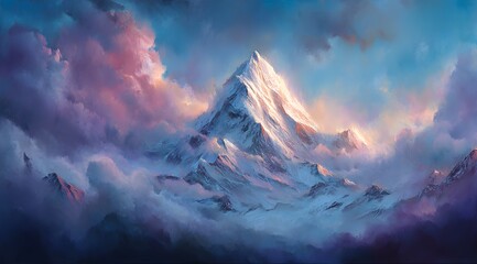 Majestic snow-capped mountain peak illuminated by ethereal