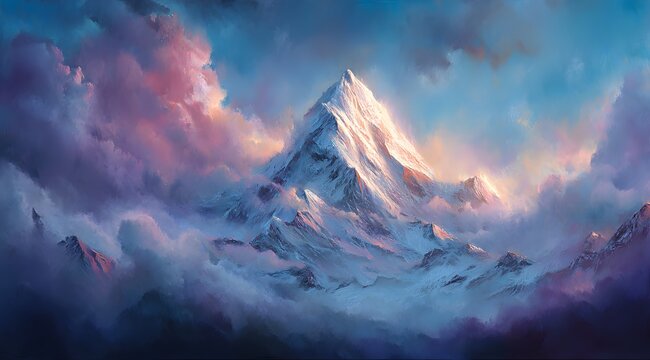 Majestic snow-capped mountain peak illuminated by ethereal