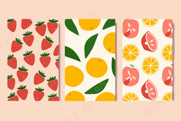Collection of abstract fruit poster. Contemporary art print with hand drawn strawberry, lemon, peach and orange. Trendy design for wall decor, postcard, cover, packaging, t shirt. 