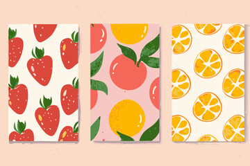 Collection of abstract fruit poster. Contemporary art print with hand drawn strawberry, lemon, peach and orange. Trendy design for wall decor, postcard, cover, packaging, t shirt. 
