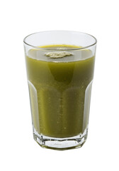 A tall glass filled with vibrant green juice, possibly a smoothie or veggie concoction