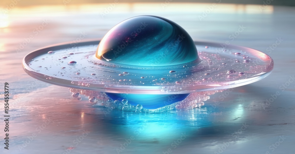 Poster glossy planet model. blue sphere rests upon translucent ring. water droplets surround base, creating