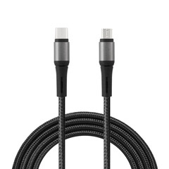 Black cable for charging and synchronization with Type – C and Micro USB connectors on a white...