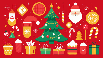 Festive christmas icons and decorations on a red background