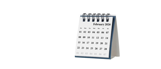 Desktop calendar for February 2026 in white colour. Mini planner for business and finance, spiral...
