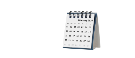 Desktop calendar for February 2026 in white colour. Mini planner for business and finance, spiral view on isolated white background close up.