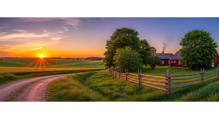 Fototapeta premium Serene Sunset Over Rolling Green Hills and Rustic Farmhouse
